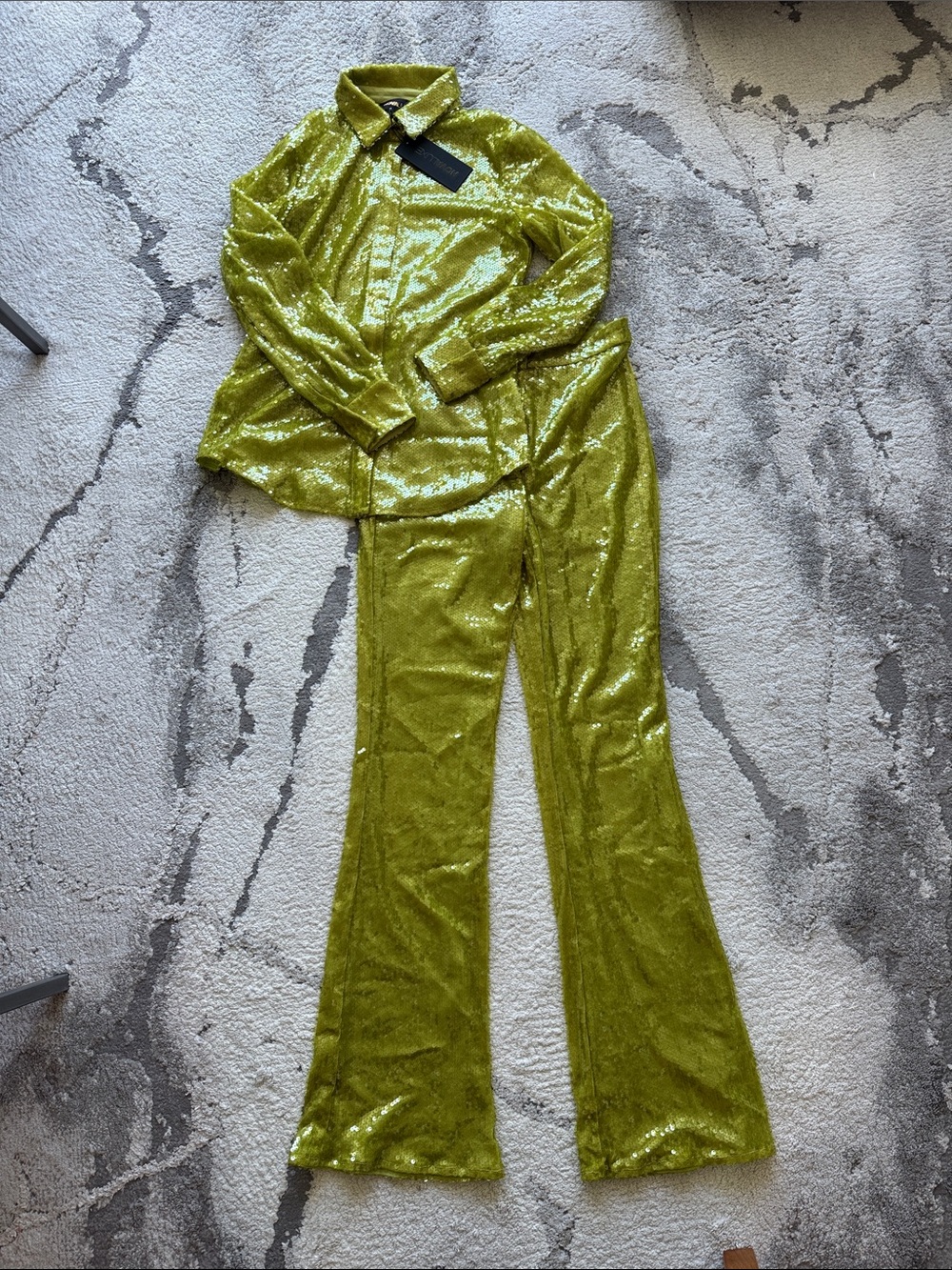 Lime Green Sequin Button-Up & Flared Pants Set